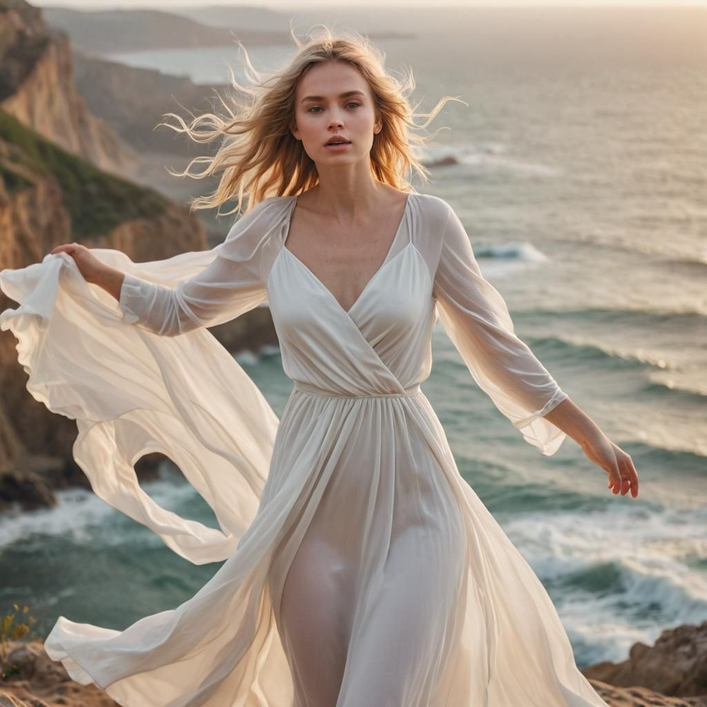Woman in White Dress: High-Fashion Coastal Photography
