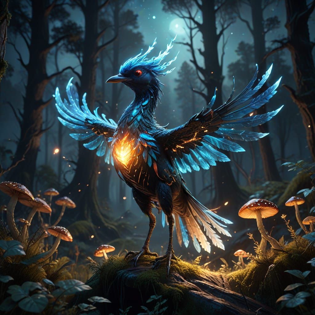 Ethereal Roc Bird and Mythical Rider in a Gritty, Glowing Fa...