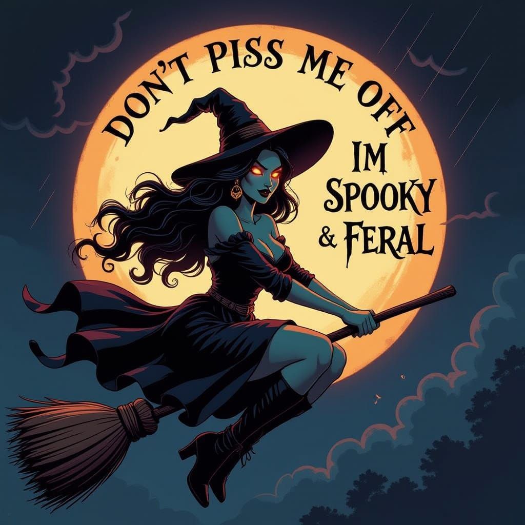 Voluptuous Witch Rides Broom Through Stormy Night