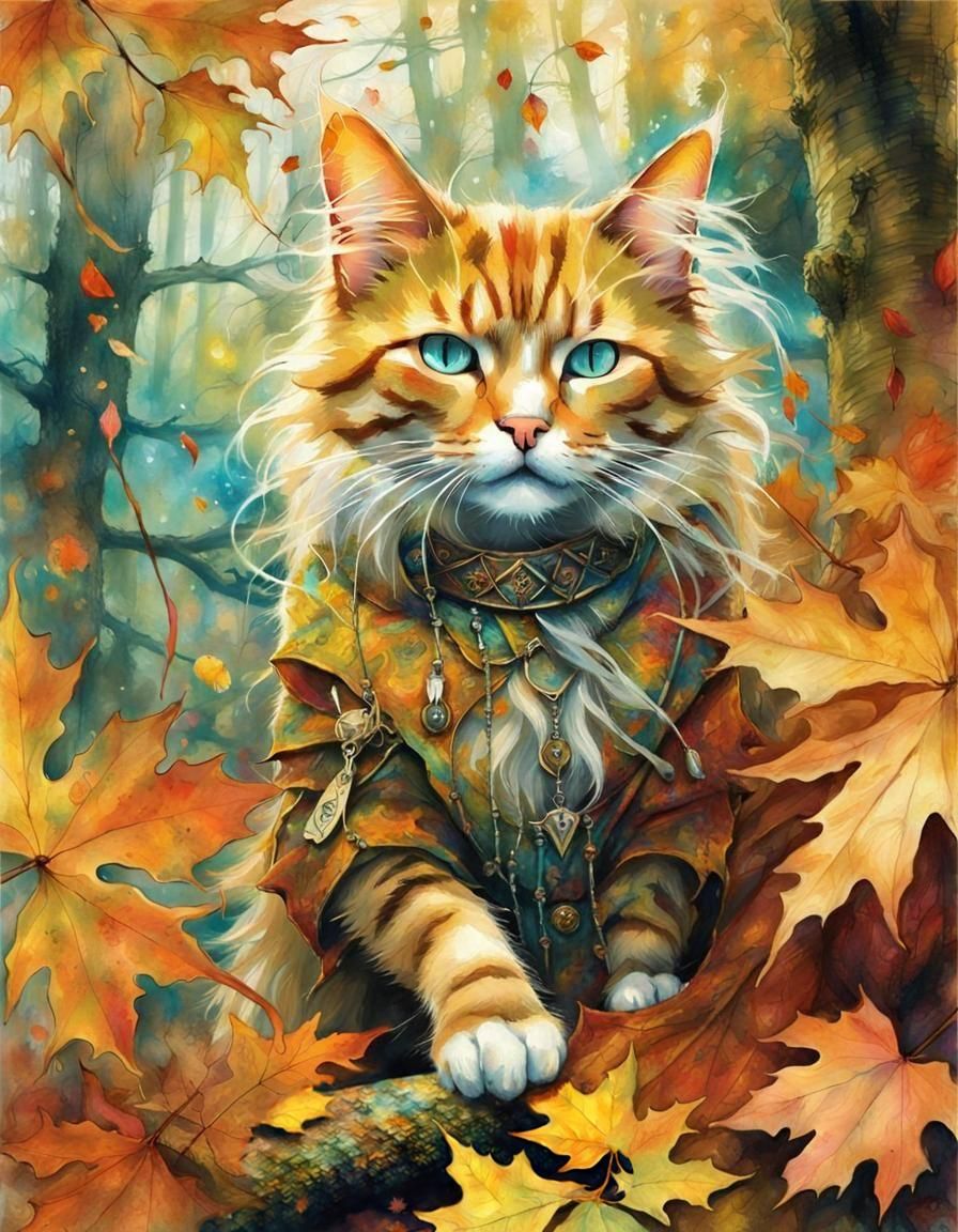 Catpunk Autumn Feline Portrait in Fantasy Forestscape