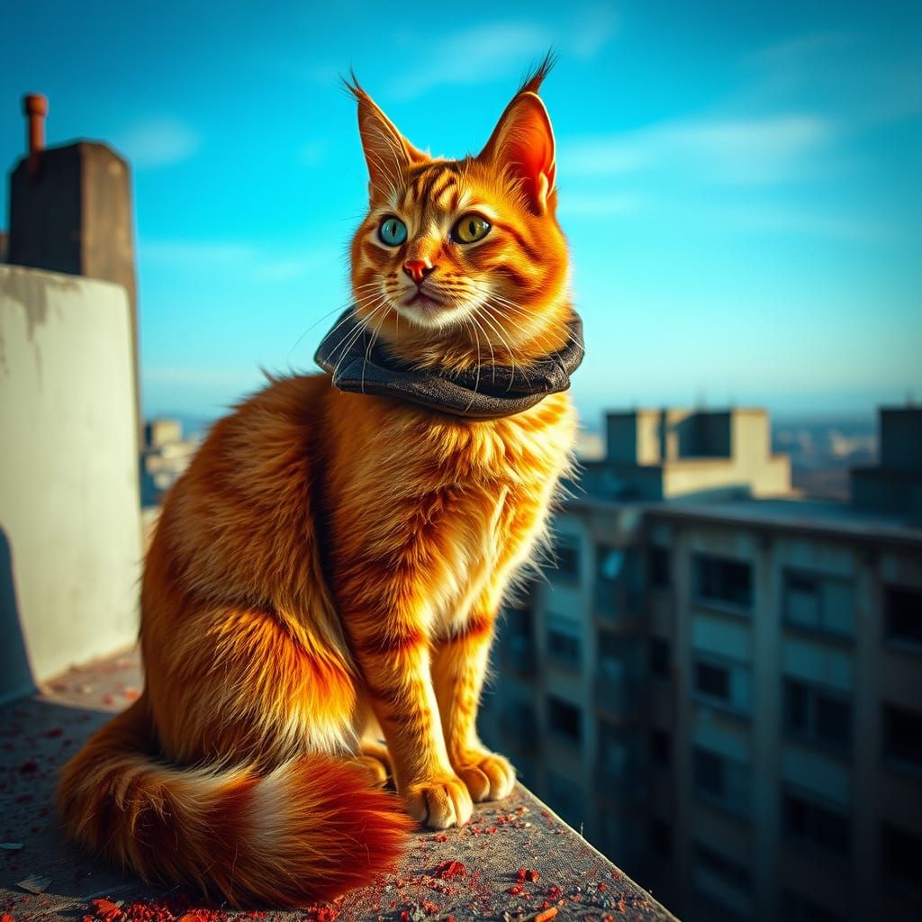 Fiery Cat on Ruined Building: Digital Art