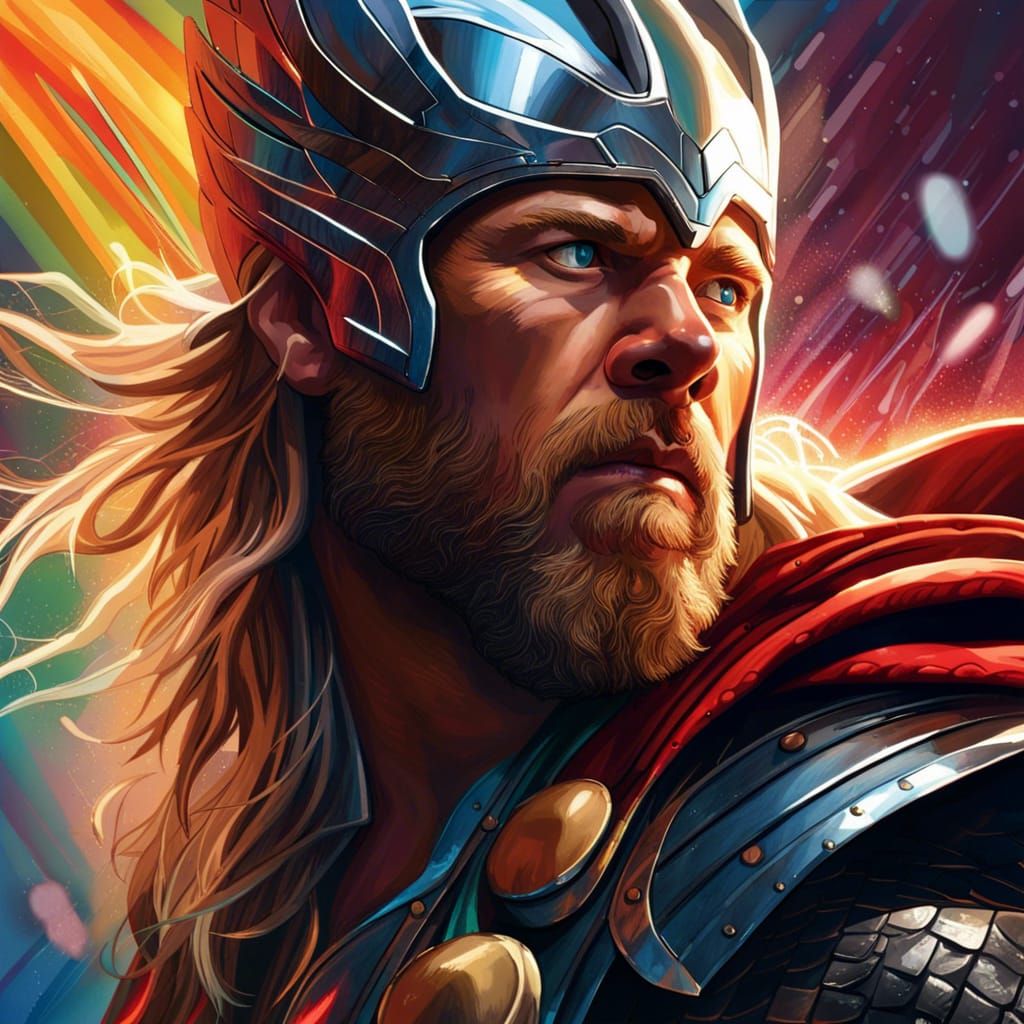 Hyperrealistic Thor with Rays in Splash Art Style