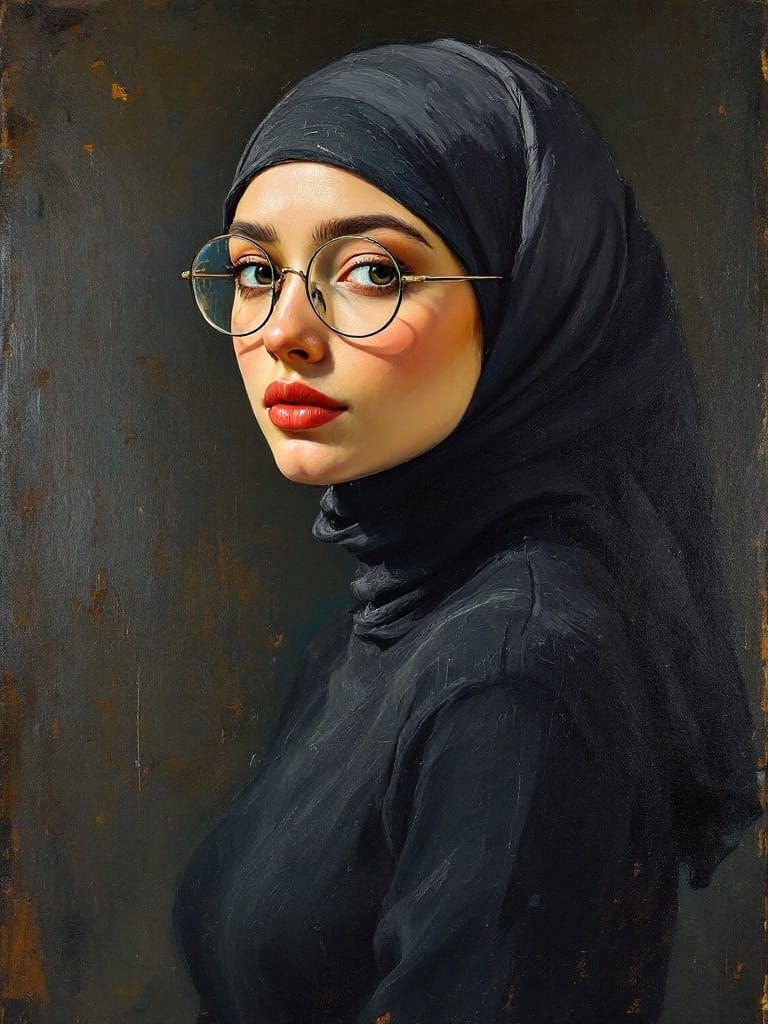 Elegant Woman in Hijab: Impressionist Oil Painting