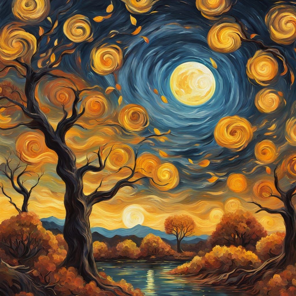 Autumn Moon in Van Gogh Style Oil Painting