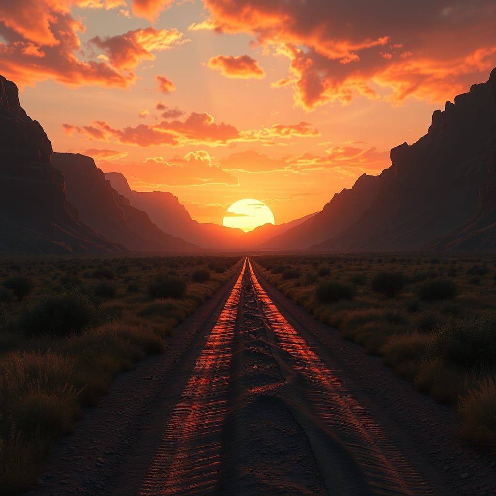 Sunset at the End of a Dirt Road in Matte Painting Style