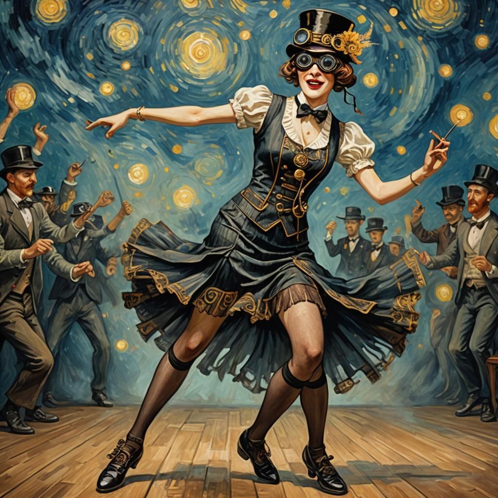Steampunk Flapper Dancing on Stage in Van Gogh Style