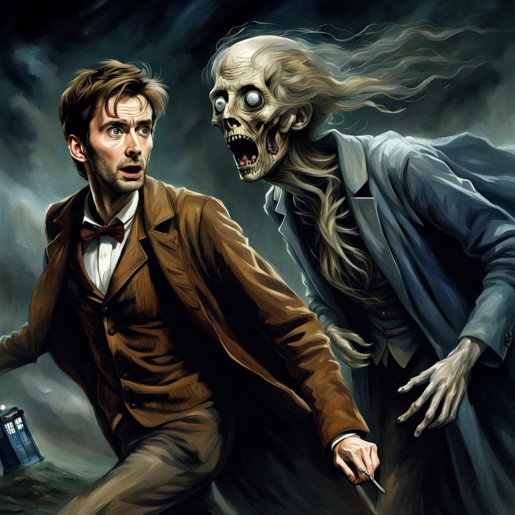 Doctor Who Fleeing Ghost in Doré Style