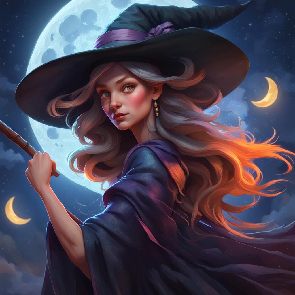 Cartoon Witch Portrait with Broomstick and Moon