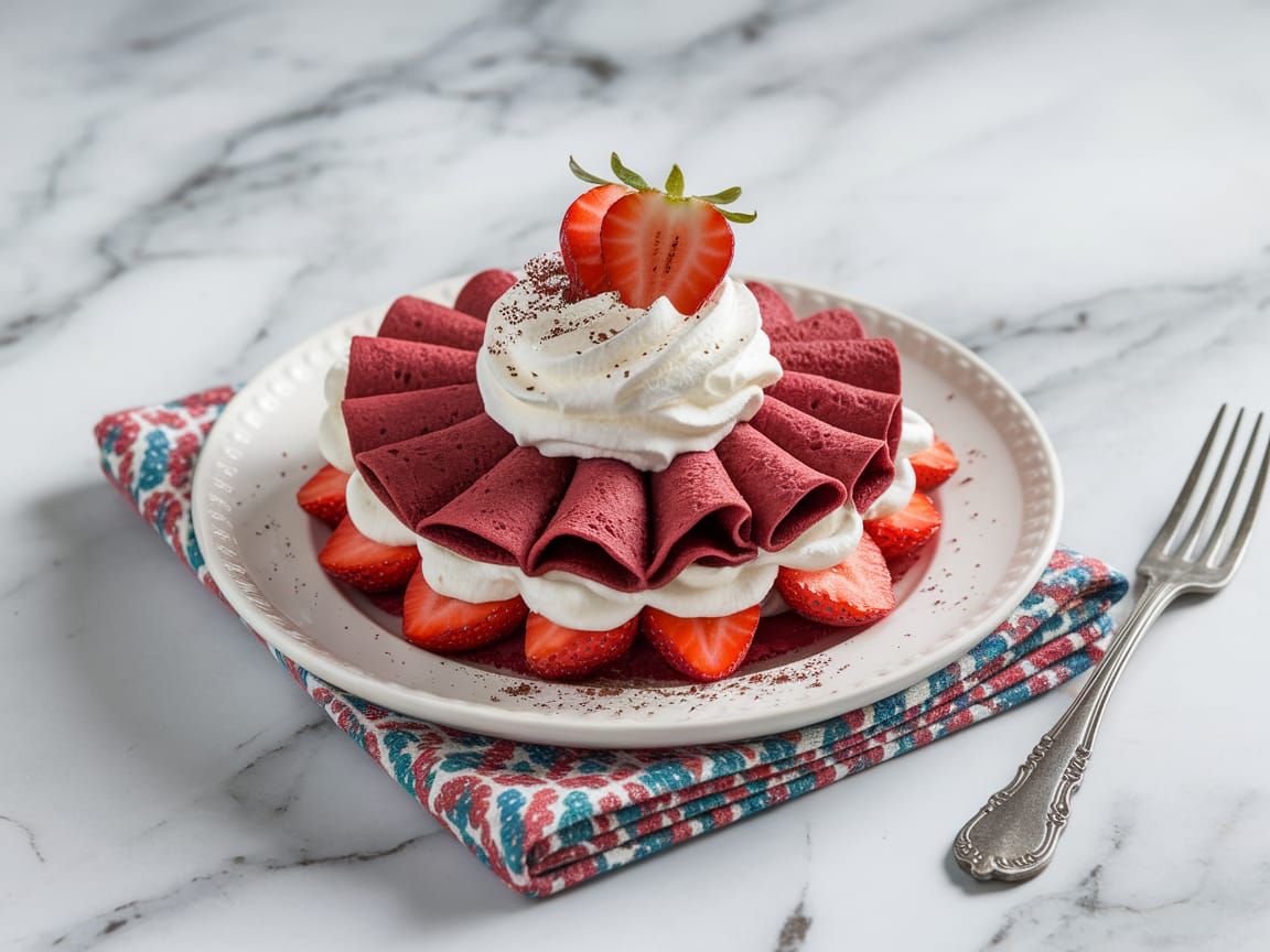 Delicious Red Velvet Crepes with Whipped Cream and Strawberr...