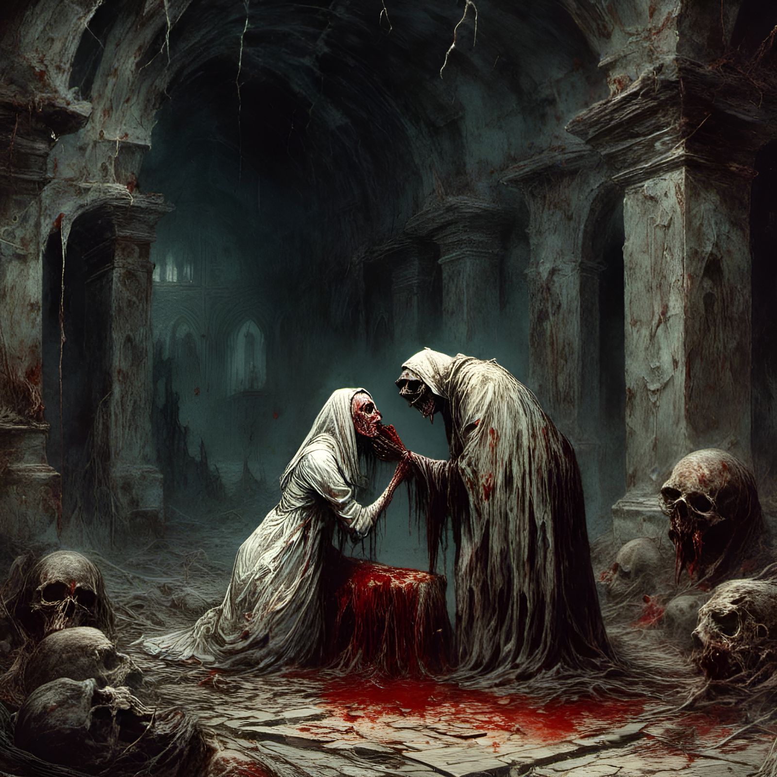 Macabre Zombie Pope Kiss in Crypt Illustration