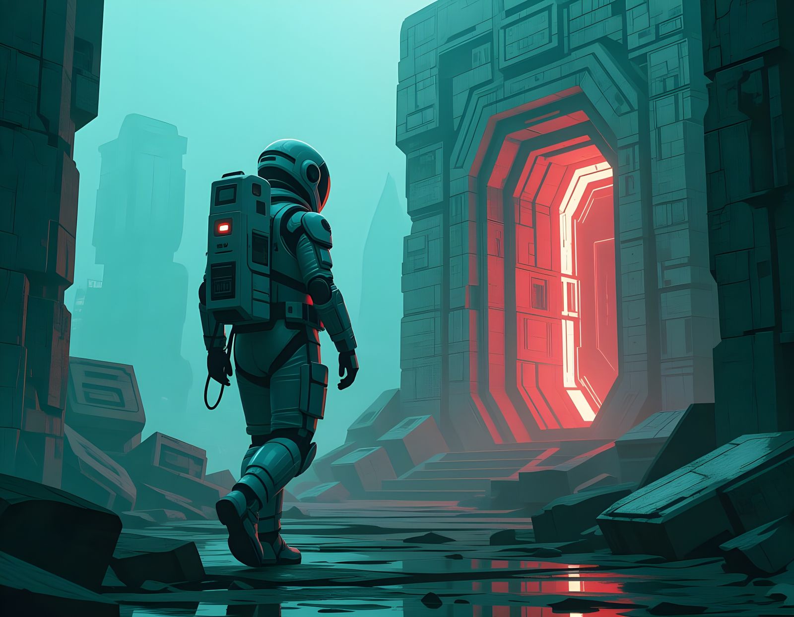 Biomechanical Explorer in Alien Ruins Under Eerie Light