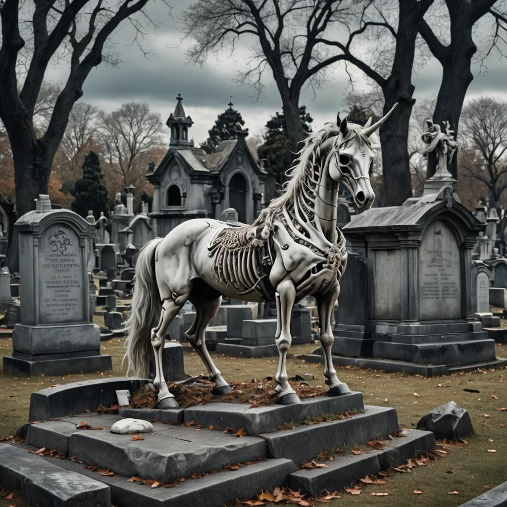 Cemetery Scene with Ghosts and Skeletal Unicorn