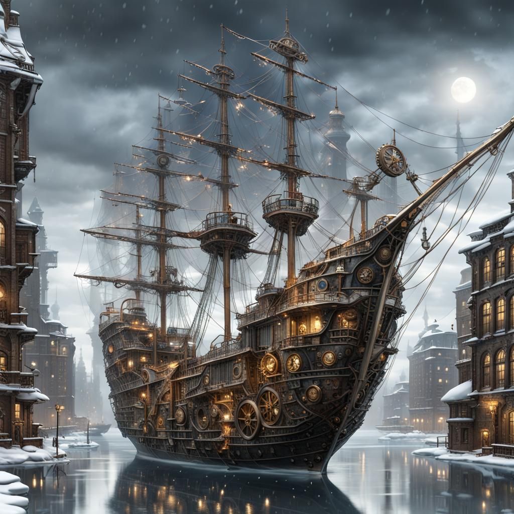 Steampunk ship in the harbour