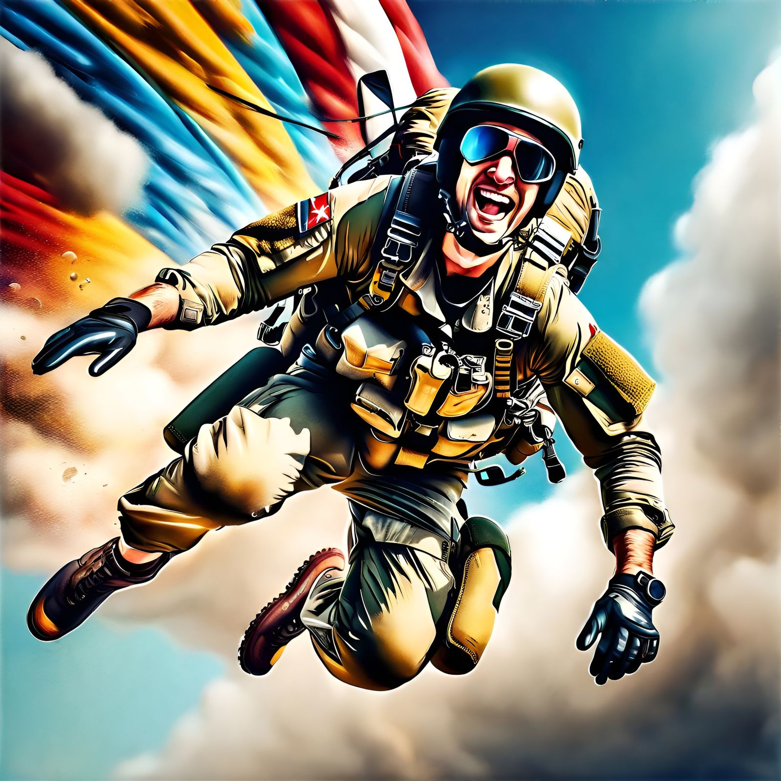 Paratrooper jumping out of a plane Hyperrealistic, splash ar...