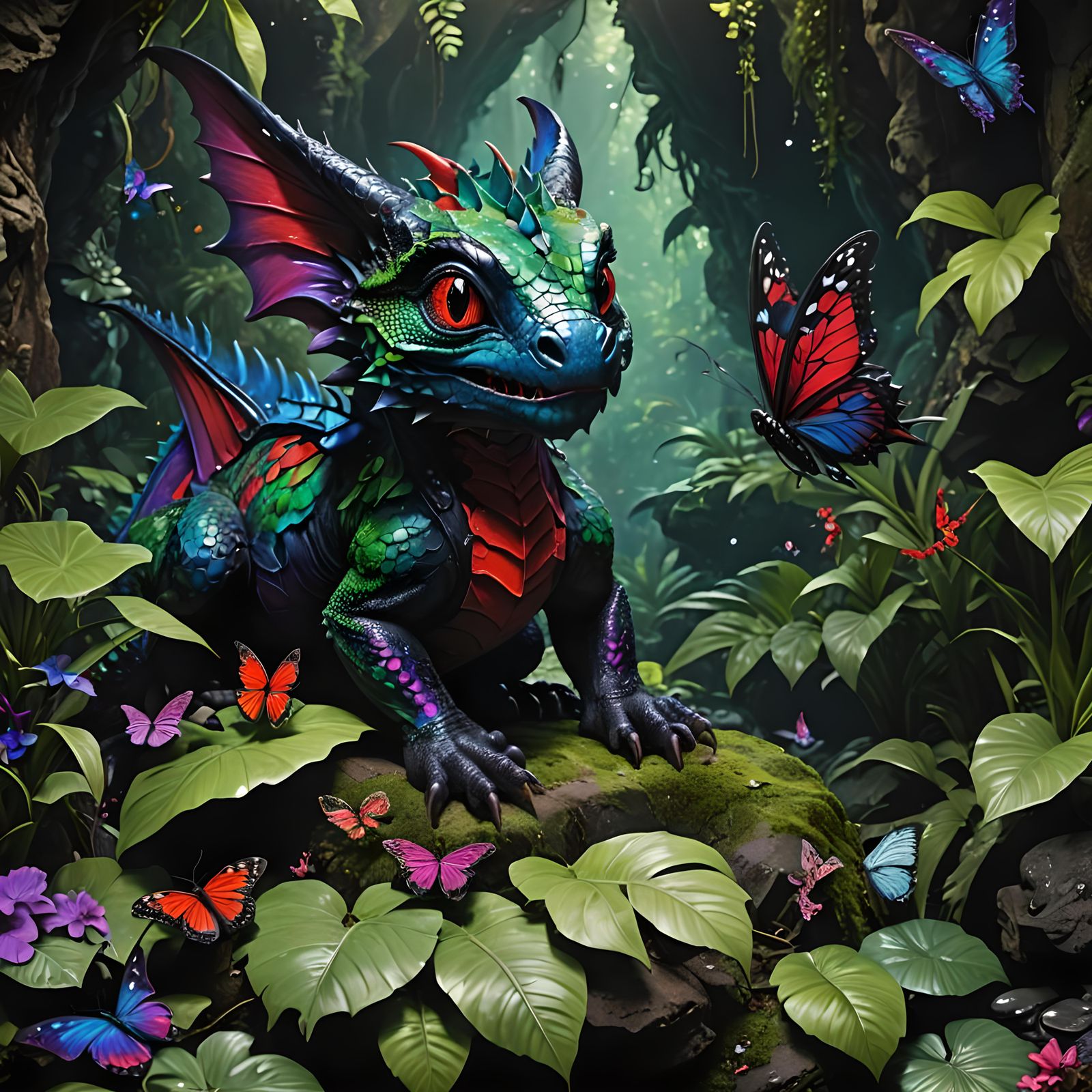 Baby Dragon and Butterfly in Enchanted Grotto