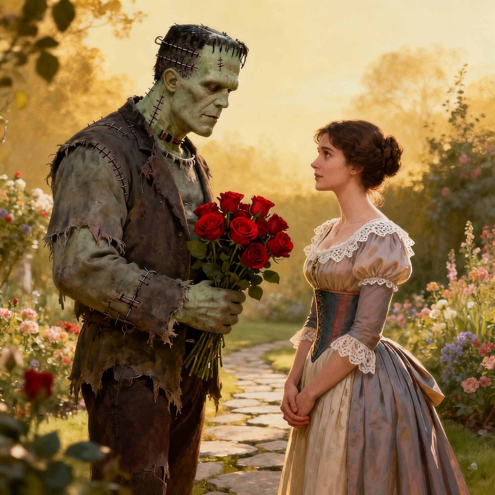 Frankenstein's Monster Offers Roses with Compassion