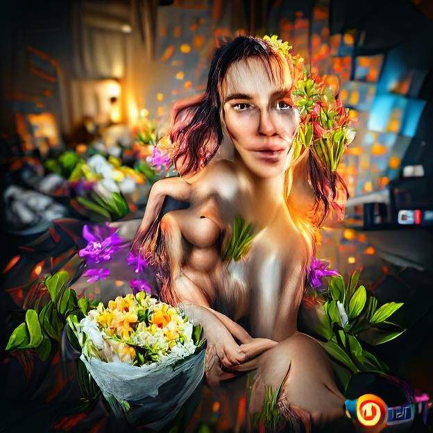 Naked woman portrait posing with flowers 8k resolution digital illustration DSLR flickering light HDR hyperrealism photo...