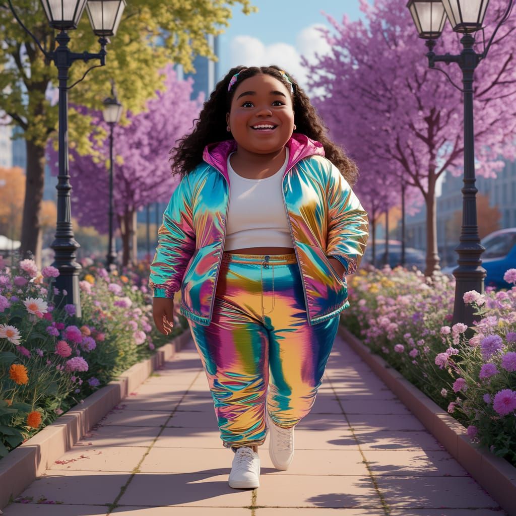 Joyful Black Girl Walks in Vibrant City Park