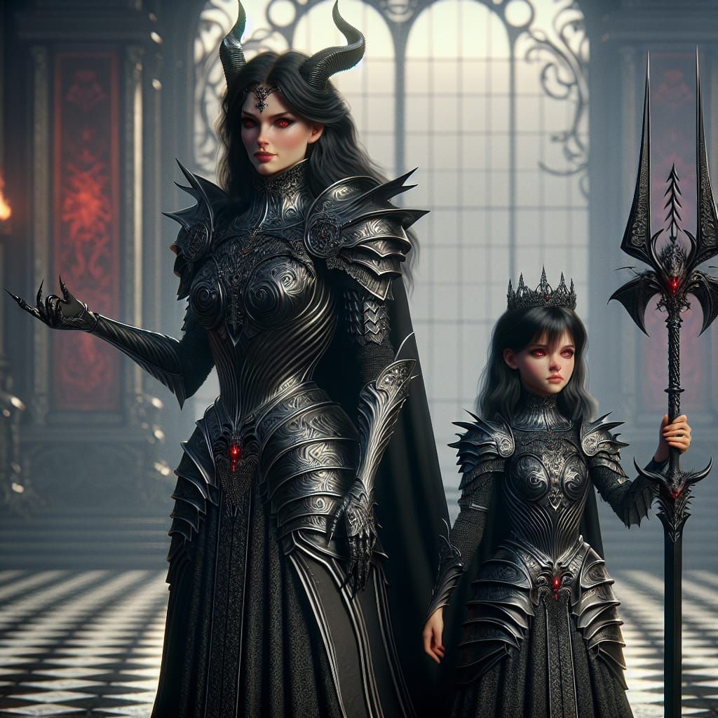 Queen and Princess in Enameled Armor in Infernal Courtyard