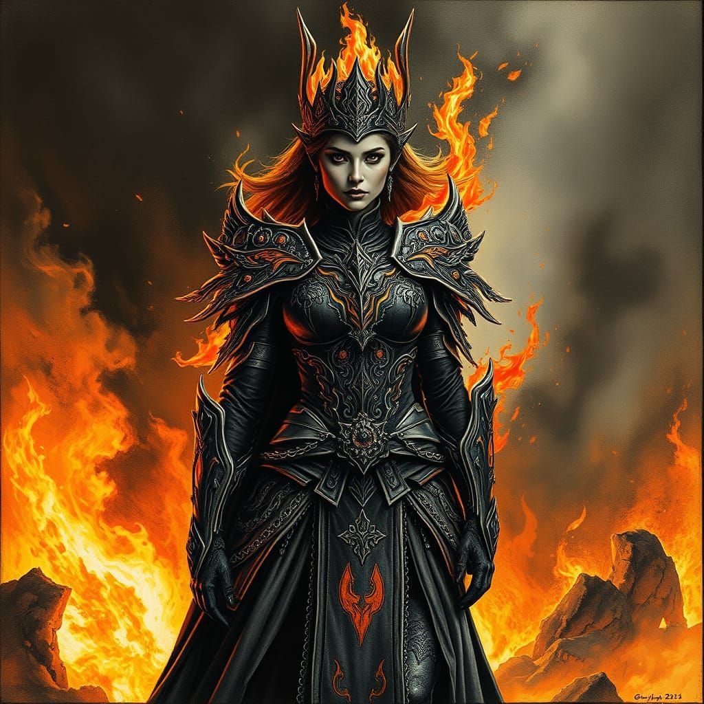 Fiery Fantasy Princess in Dark Charcoal Drawing Style