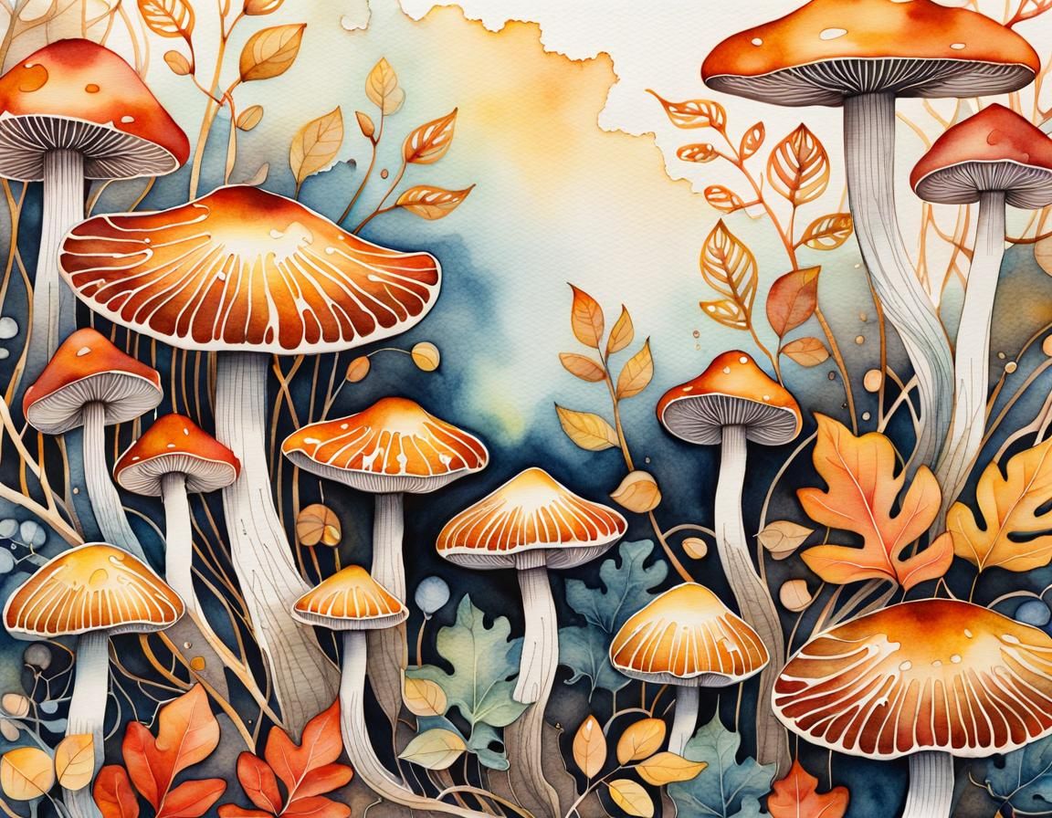 Chinese Ink Painting: Mushrooms, Circuitry, Autumn