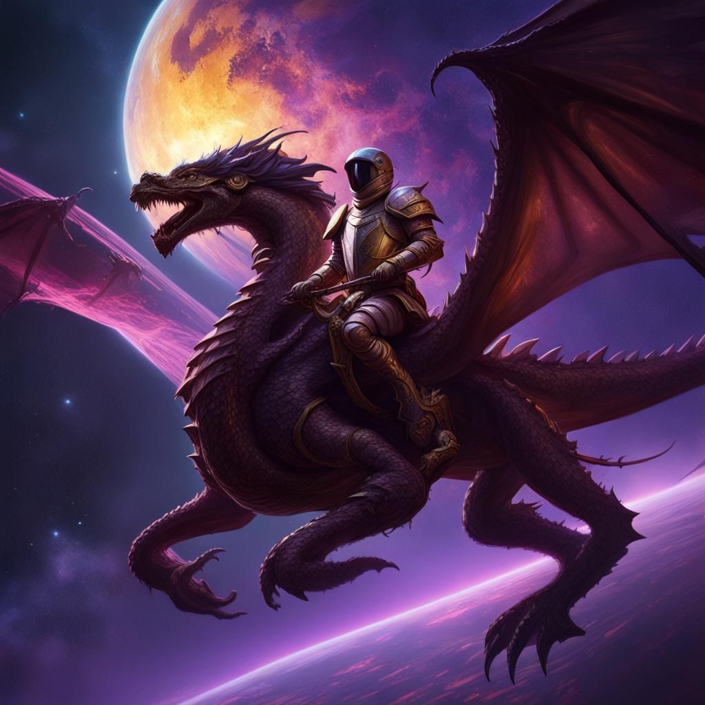 Knight on Dragon in Space: Dark Fantasy Concept Art