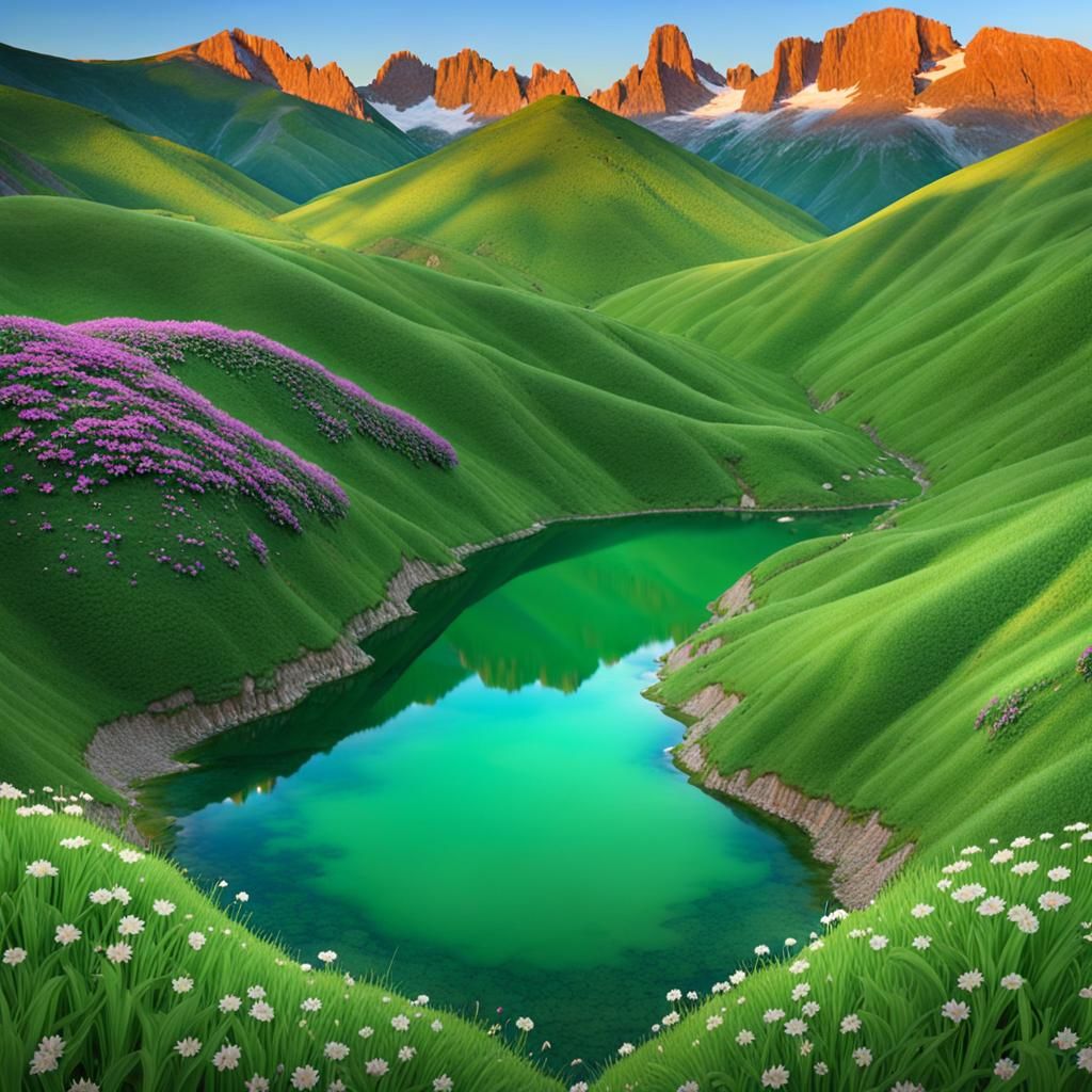 Hyperrealistic 3D Mountain Valley with Fantasy Woman