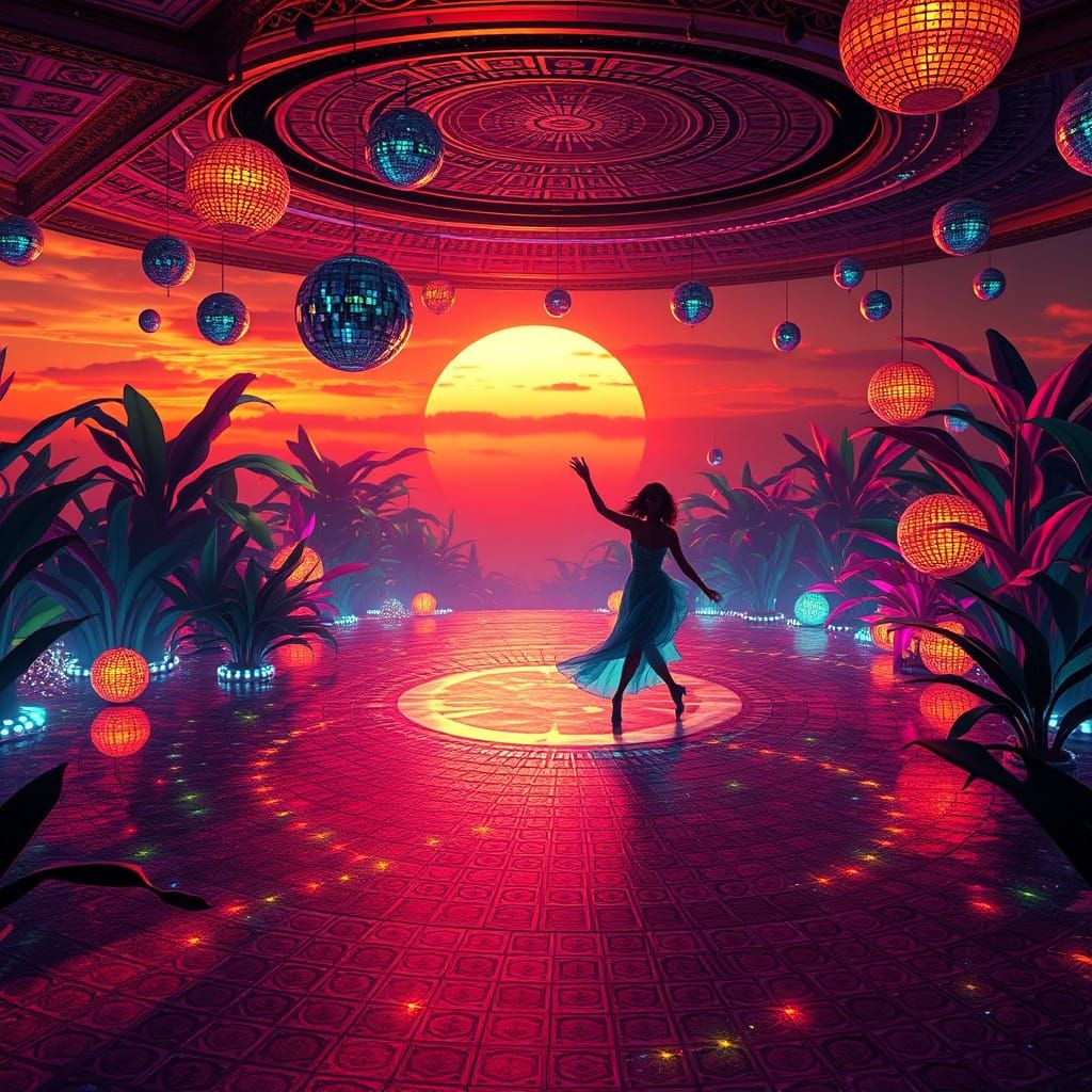 Surreal Disco Floor Unfolds Amidst Fiery Sunset in Hypnotic,...