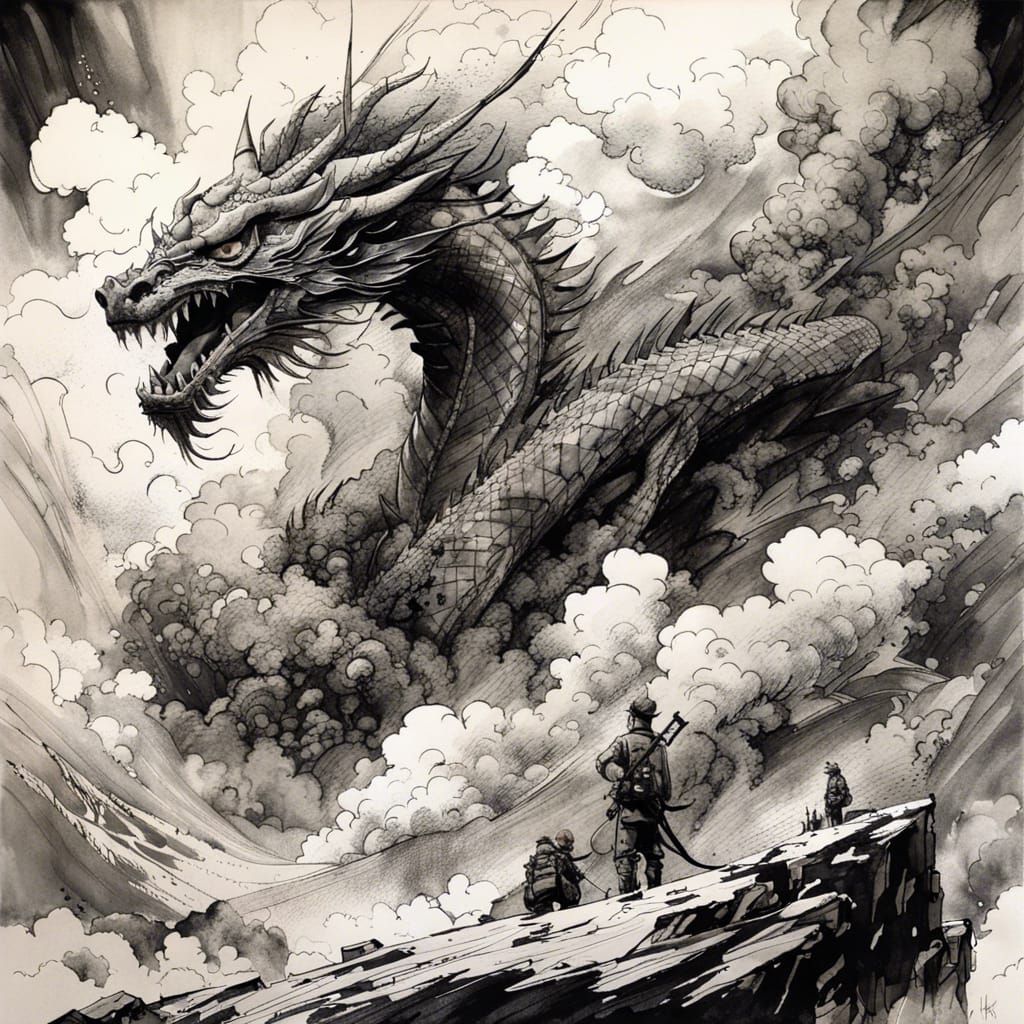 Dragon Soaring Over Mountainscape in Ink