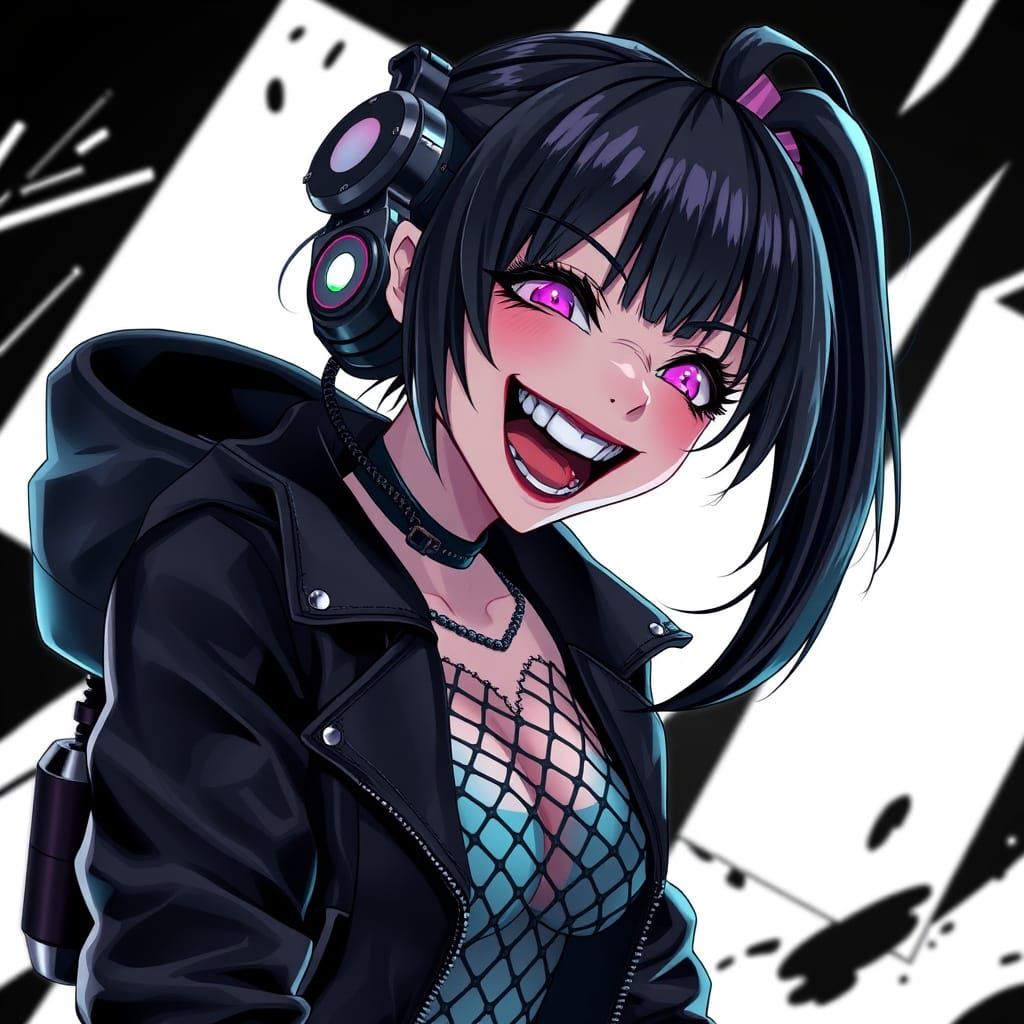 Anime Cyborg Girl Laughing in Stylized 3D Art
