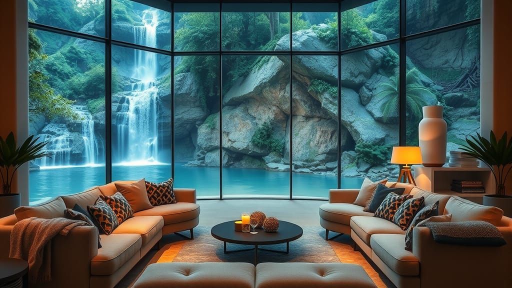 Hyperrealistic Family Room with Waterfall View