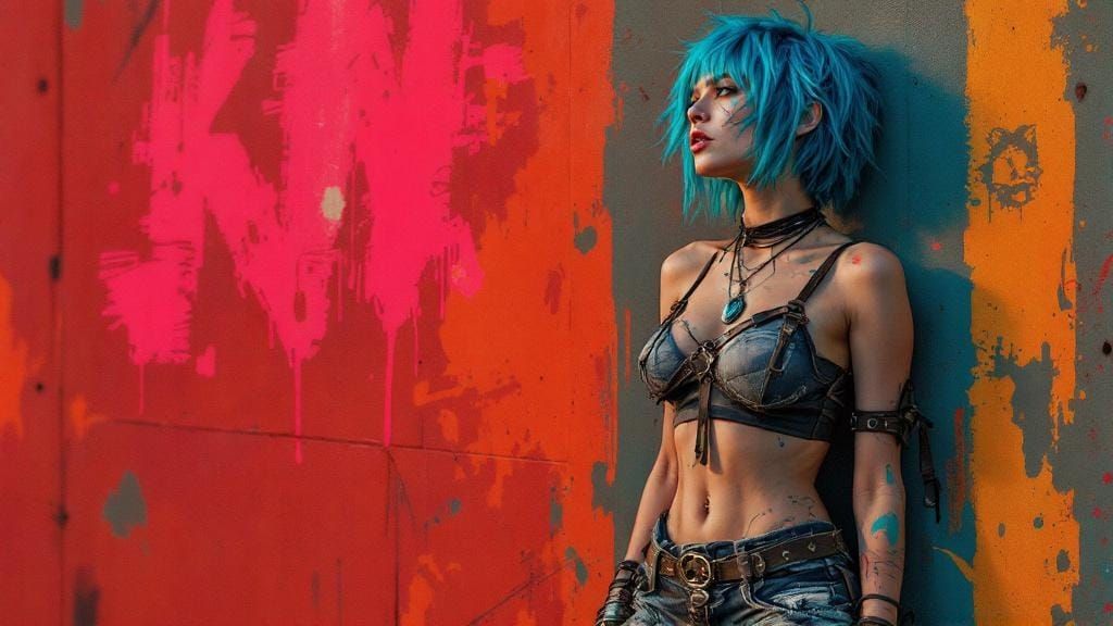 Defiant Blue-Haired Woman in Constructivist Style