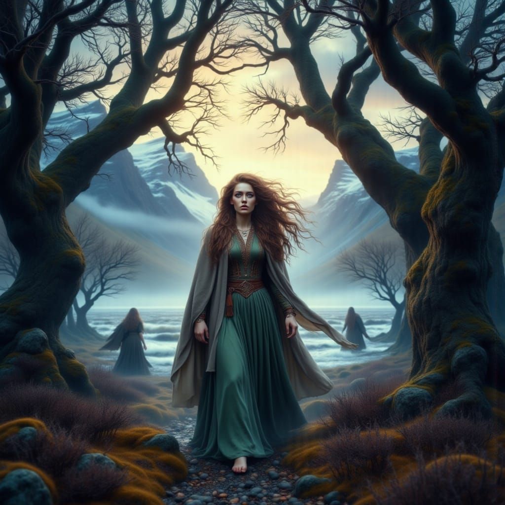 Mysterious Female Figure in a Misty Moorland