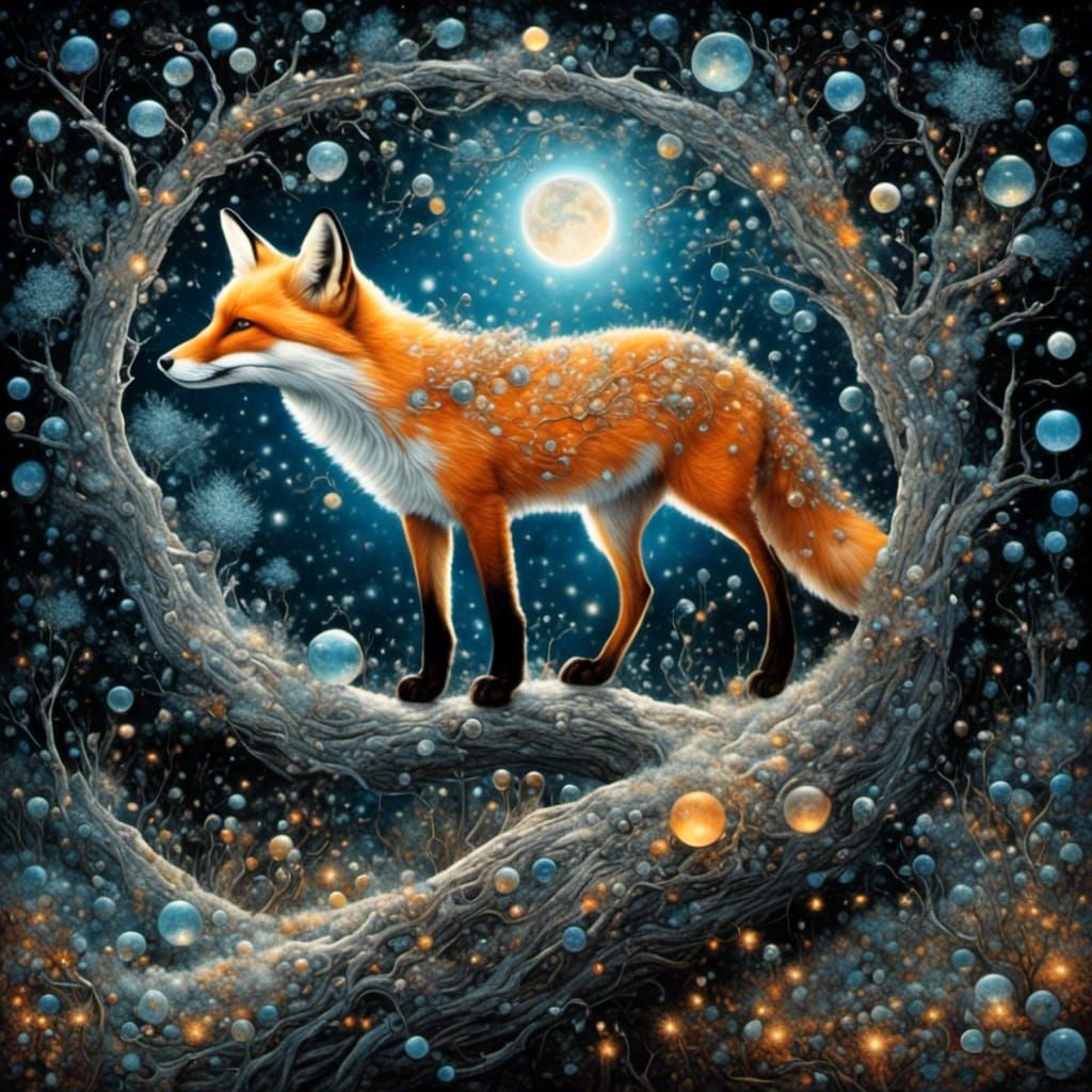 Surreal Star Constellation Fox in Winter Tree