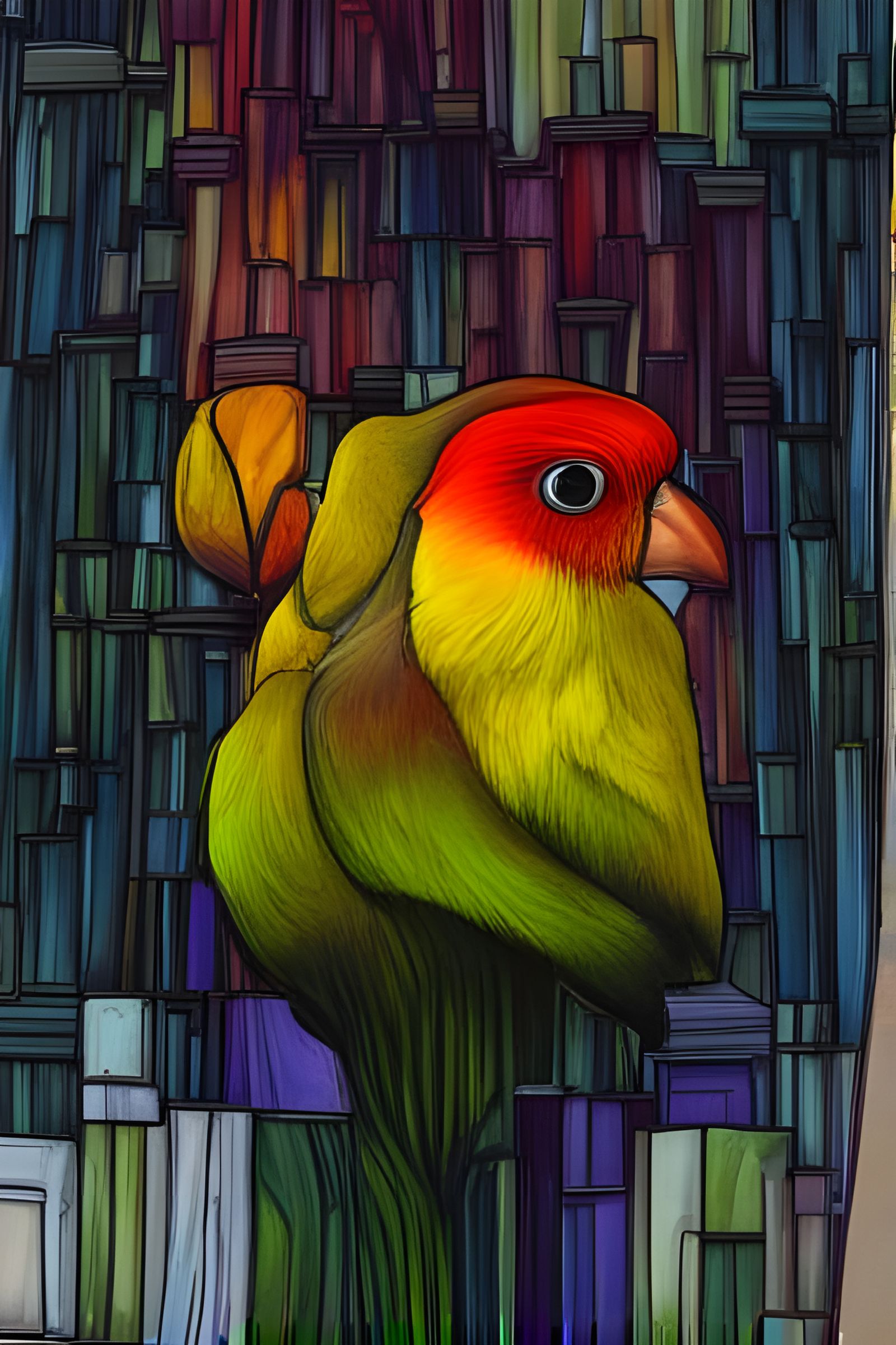 Schroedinger's Lovebird in Art Nouveau Stained Glass