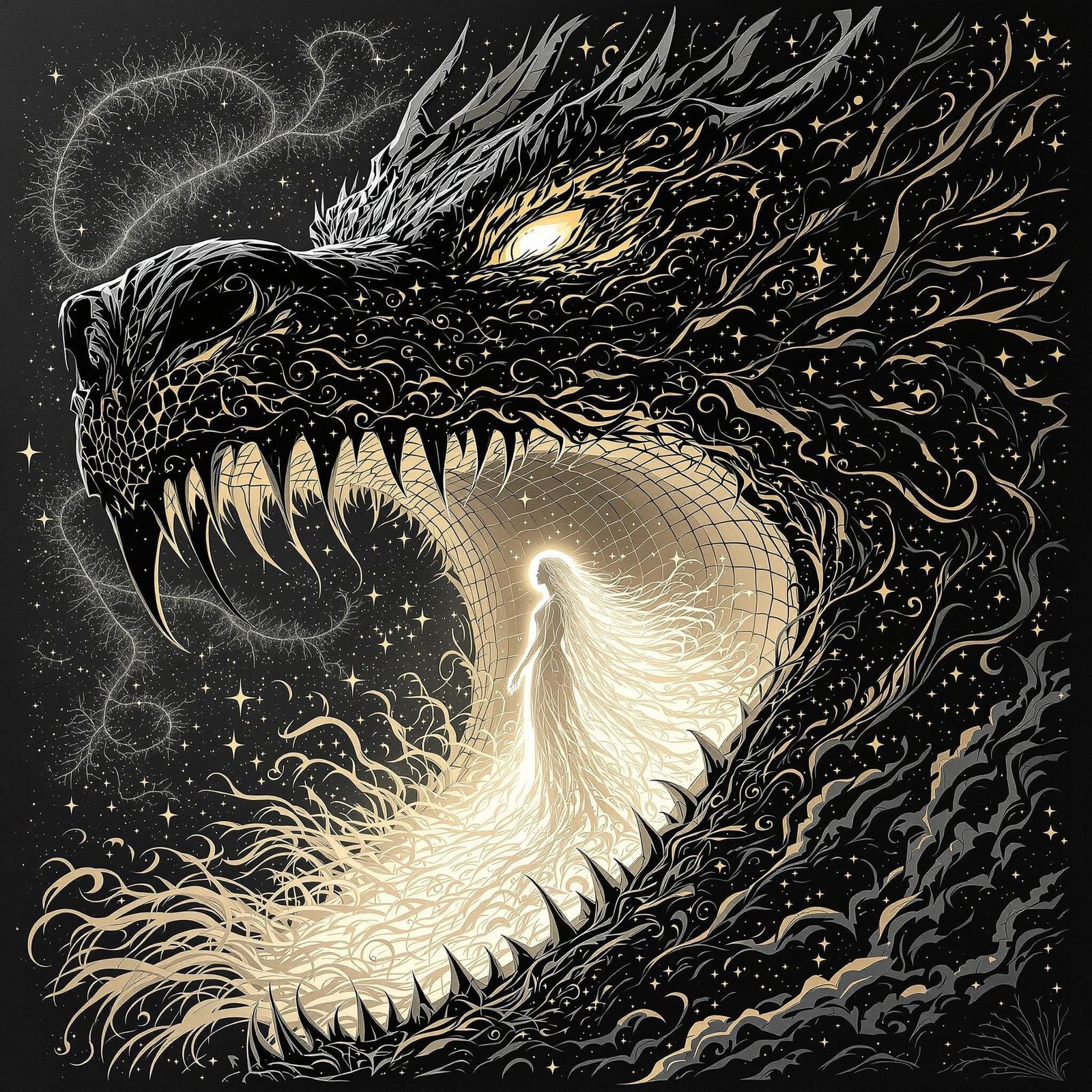 Spectral Goddess Emerges from Norse Dragon's Mouth in Ethere...