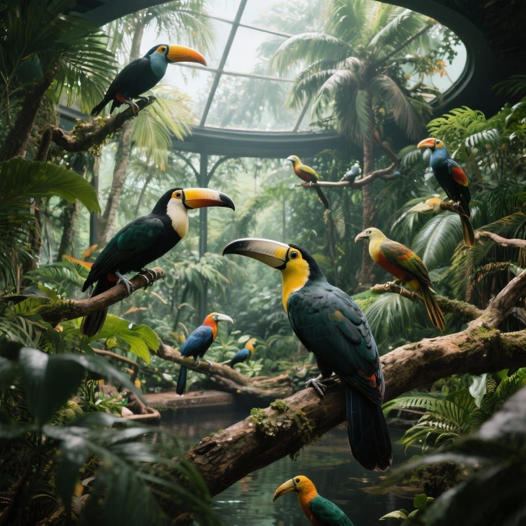 Vibrant Tropical Bird Habitat in Hyper-Realistic Style