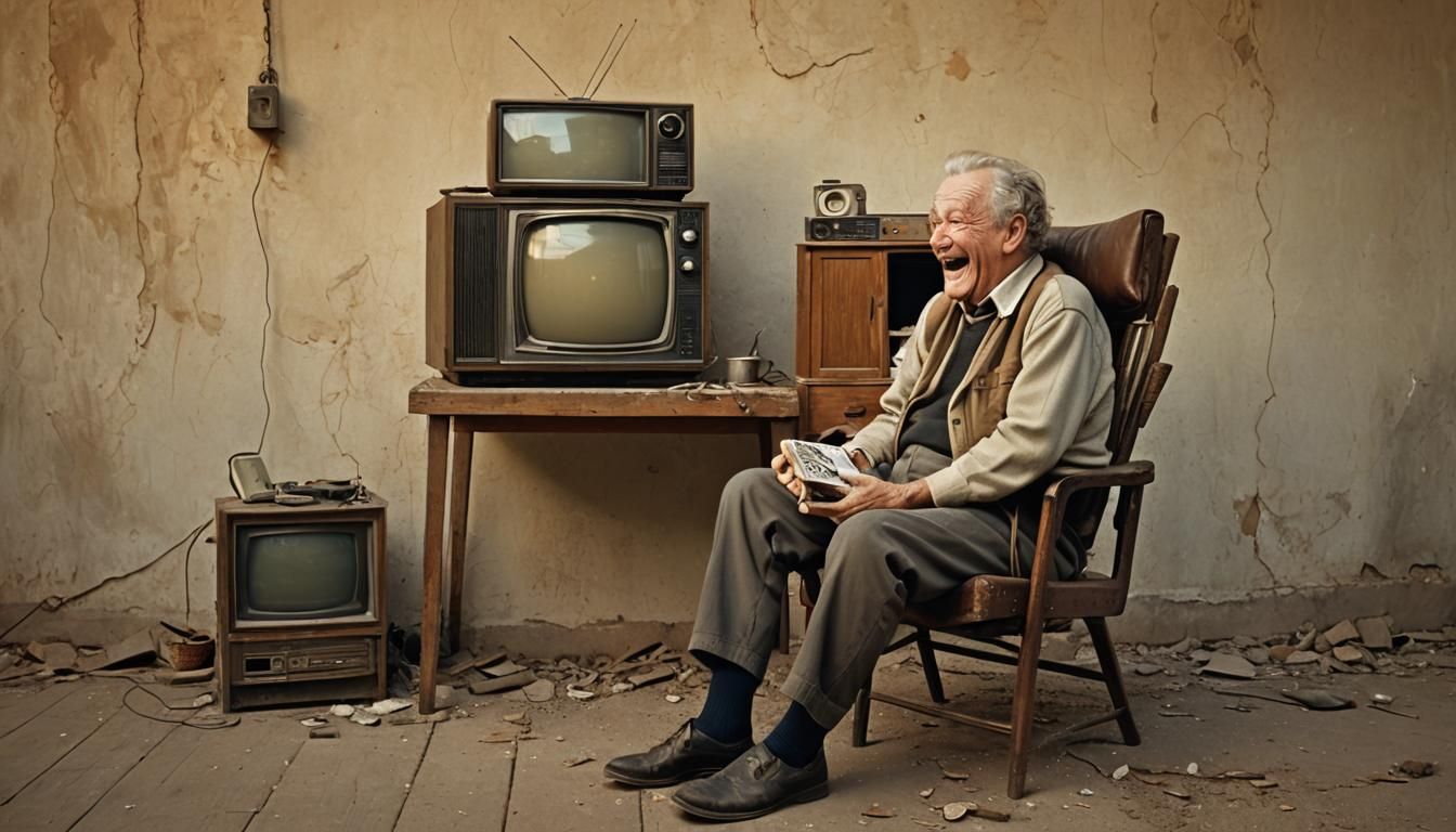 Laughing Old Man with Antique TV in Digital Art
