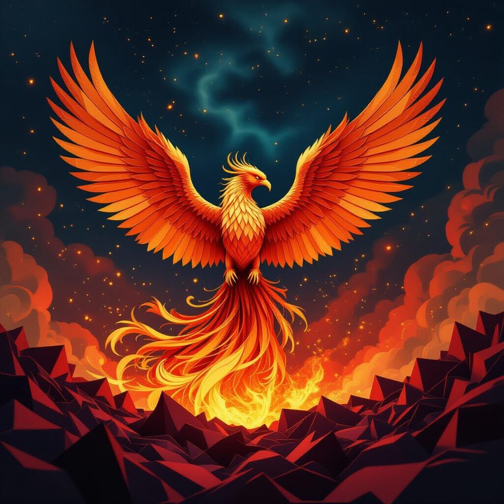 Majestic Phoenix Erupts from Molten Gold in Cosmic Dust