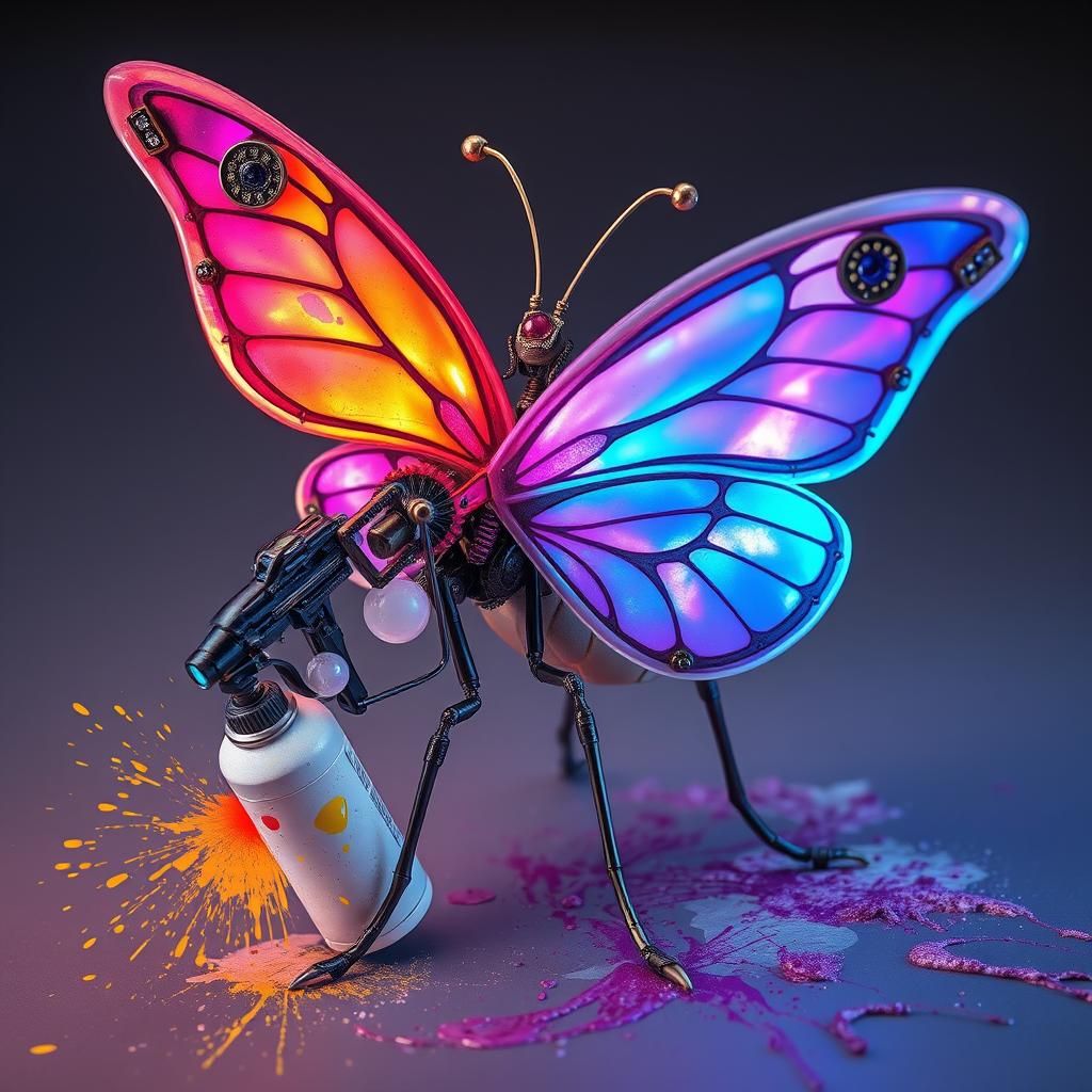 Mechanical Butterfly Graffiti in Cyberpunk Style