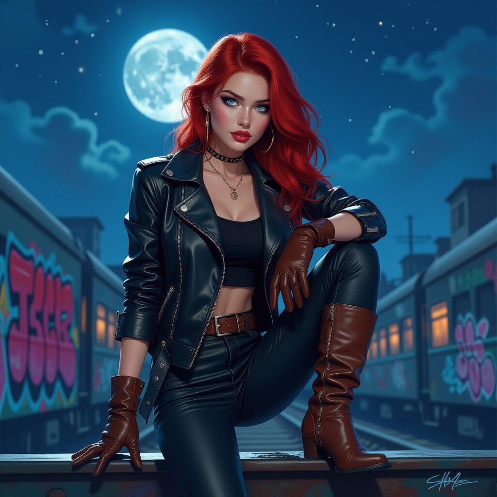 Crimson-Haired Woman on Moving Train at Night