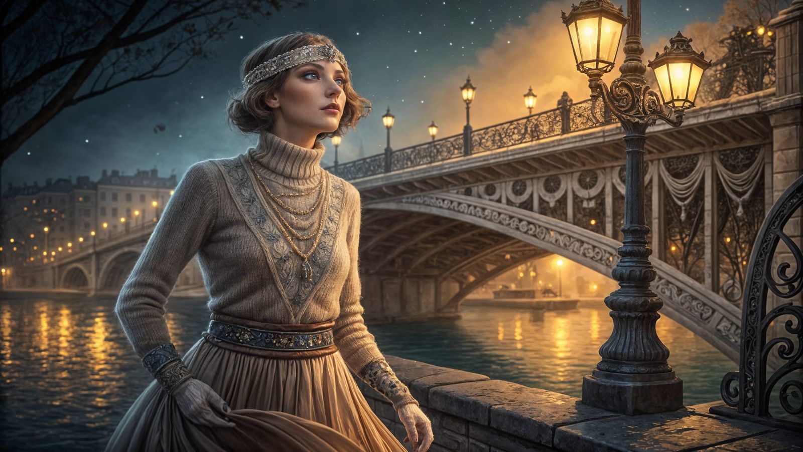 Elegant Woman in Art Nouveau-Inspired Watercolor