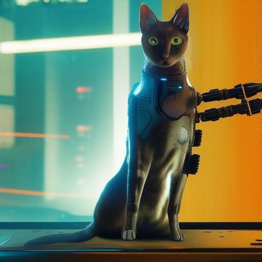 Cyberpunk Robot Cat in Neon Cityscape
