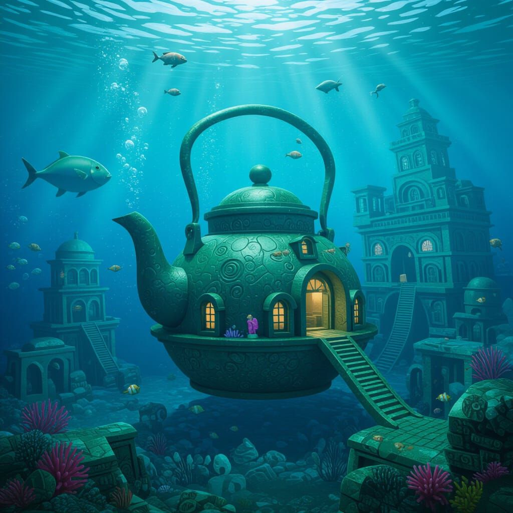 Happy Teapot in Ancient Underwater City Digital Art