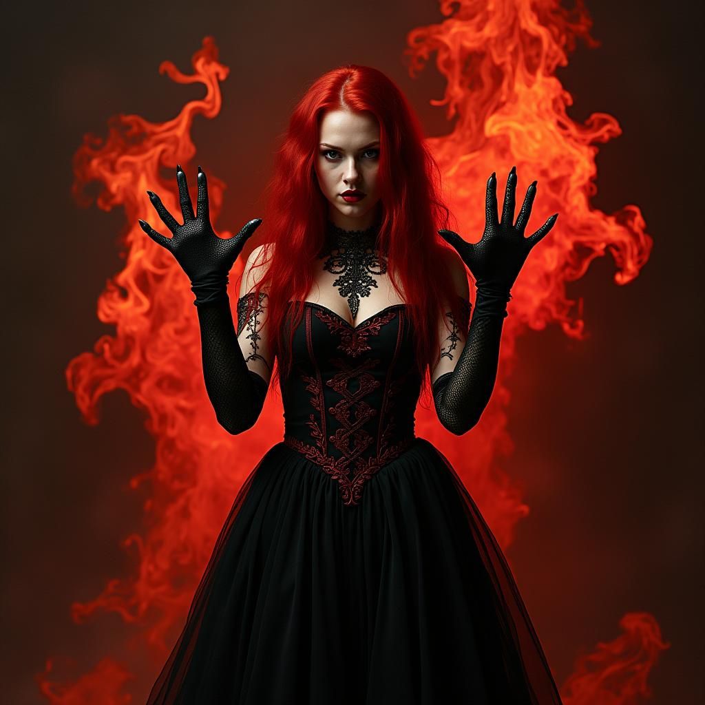 Gothic Woman Conjuring Flames in Dark Futurism Style
