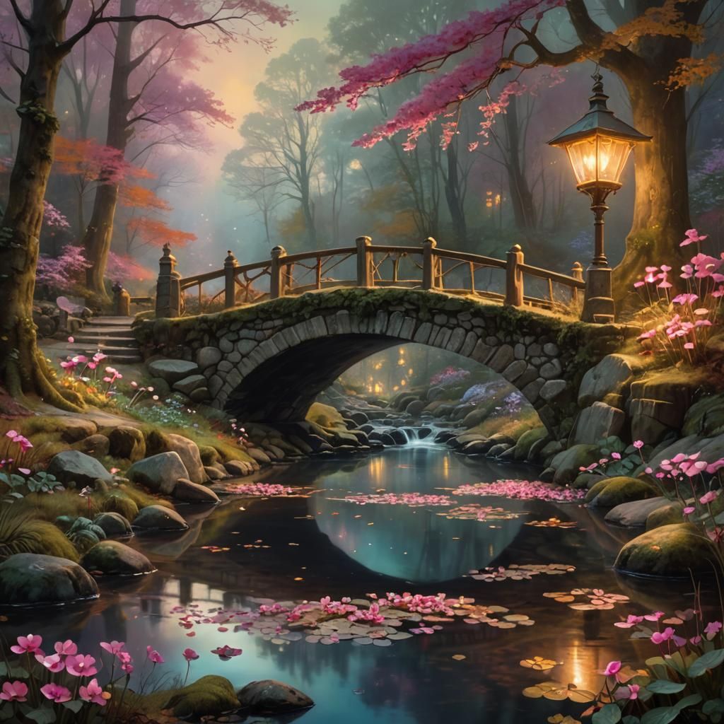 Enchanting Autumn Creek Landscape in Kinkade Style