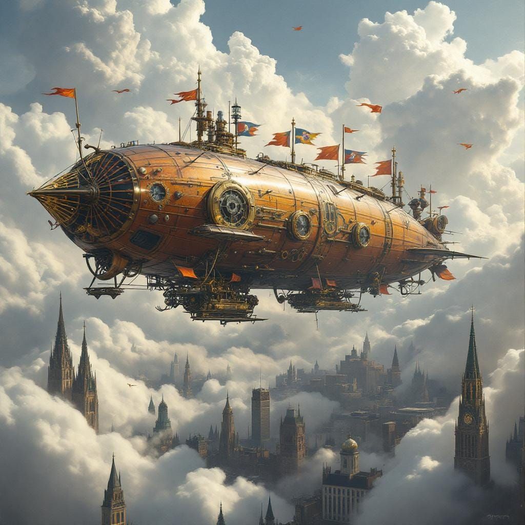 Steampunk Airship Soaring Above a Metropolis