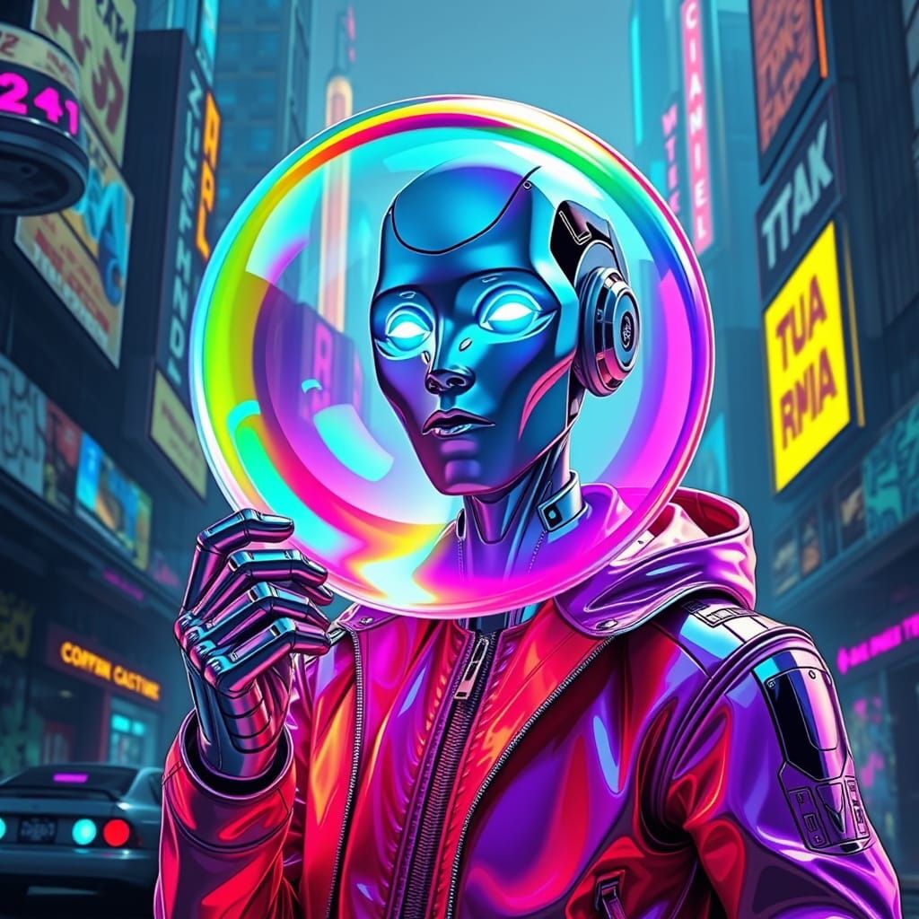 Futuristic Android Blows Rainbow-Colored Bubblegum Bubble in...