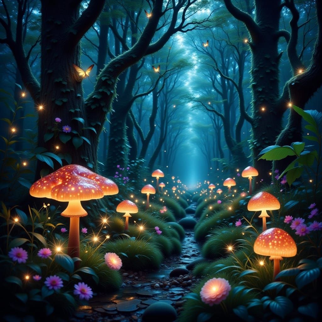 Whimsical Forest Illuminated by Bio-Luminescent Wonders