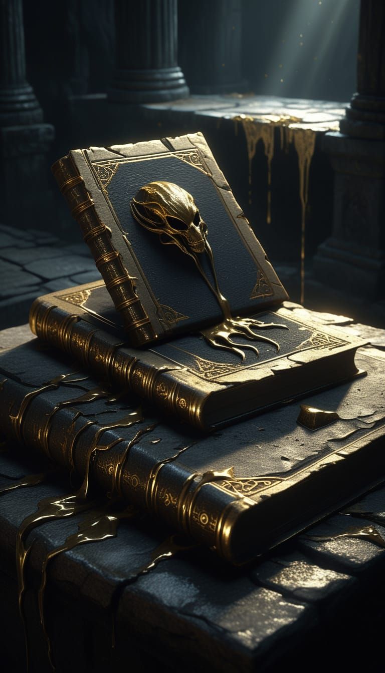 Ancient Book with Golden Liquid and Alien Lurker